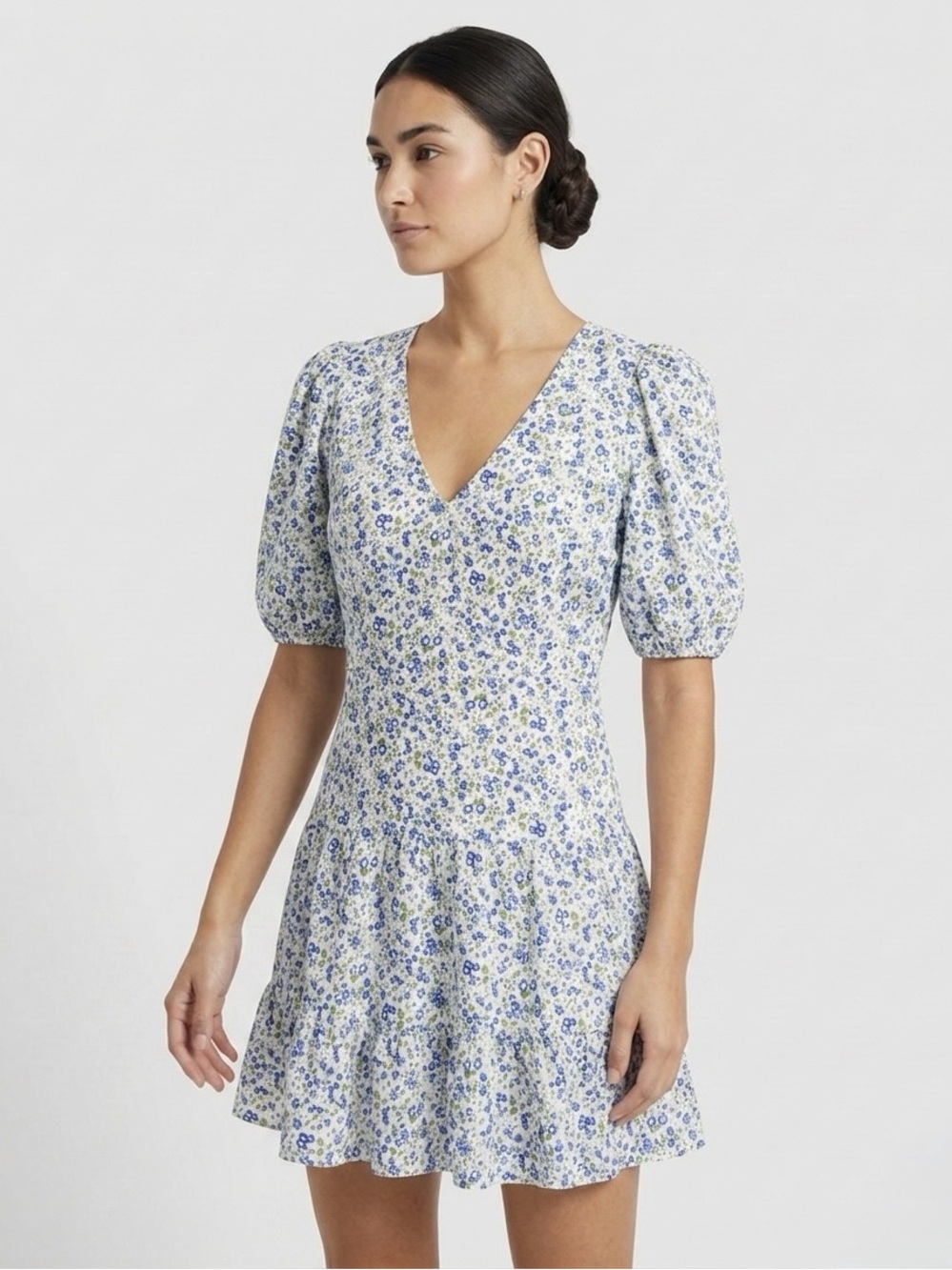 French Connection Birch Puff Sleeve Poplin Mini Dress Blue Floral Cutout Back 10